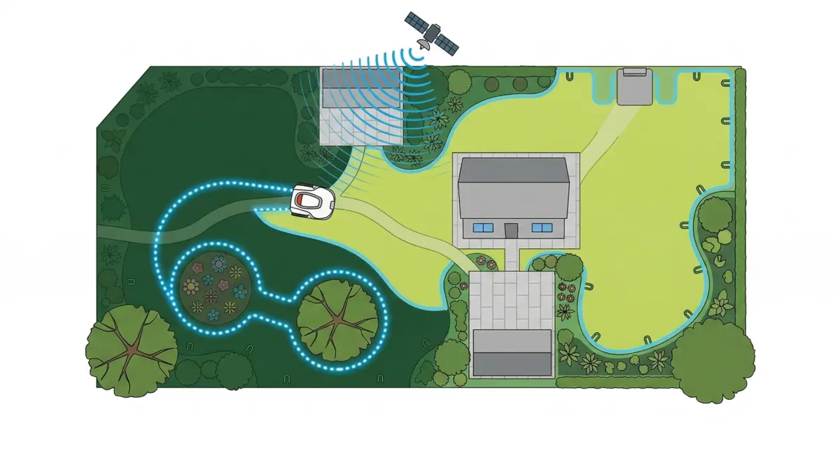 Vue aérienne schematique d'un robot tondeuse sans fil cartographiant son jardin avec signaux satellite GPS et trace de contour bleu lumineux