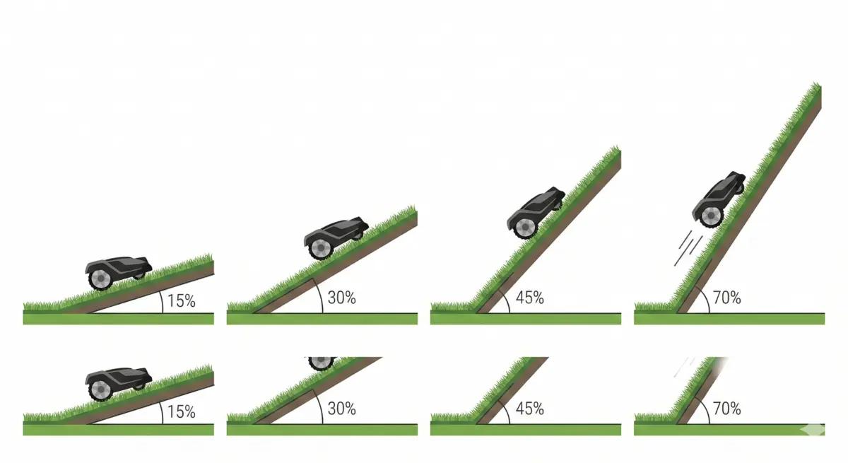 Diagramme educatif montrant 4 niveaux de pente avec robot tondeuse : pente douce 15%, moyenne 30%, forte 45% et extreme 70% ou le robot glisse