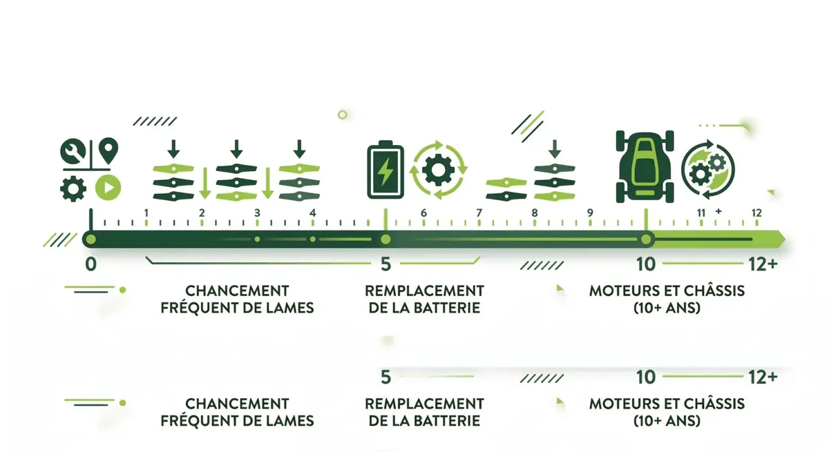 Infographie durée de vie robot tondeuse : frise chronologique lames, batterie, moteurs et châssis sur 12 ans