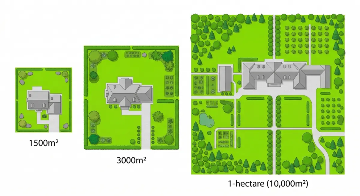 Infographie aérienne comparant 3 echelles de terrain : 1500m² avec maison, 3000m² avec propriété et haies, 1 hectare avec domaine et allées