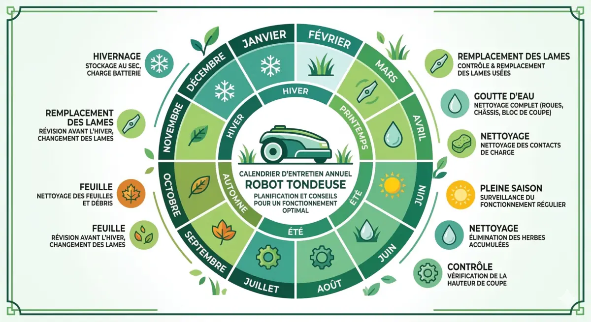 Calendrier annuel d'entretien robot tondeuse — infographie mois par mois avec les tâches de maintenance