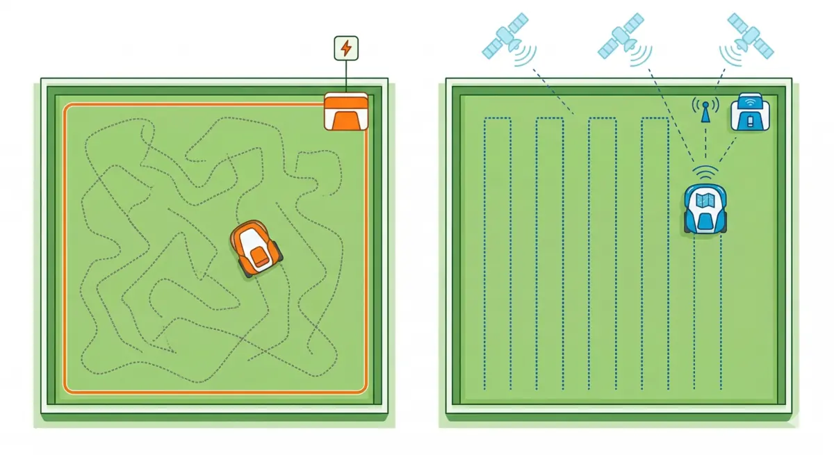 Comparaison aérienne fil périmétrique vs sans fil : a gauche trajet aléatoire avec câble orange, a droite lignes parallèles avec navigation satellite