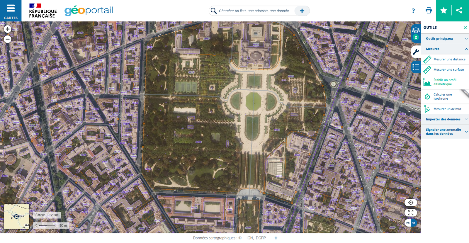 Panneau Outils de Géoportail avec l'option Mesurer une surface visible dans la section Mesures