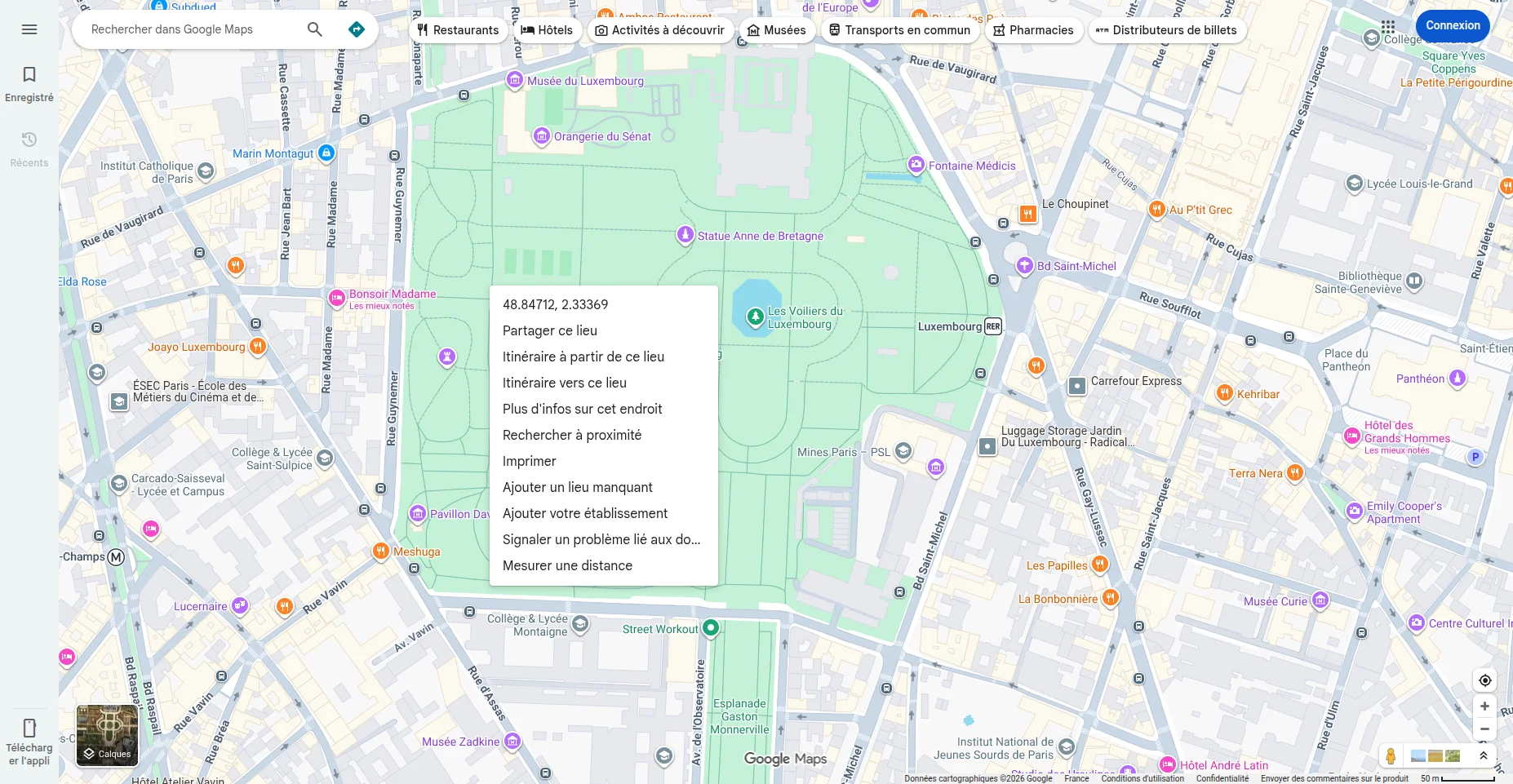 Google Maps avec le menu contextuel clic droit affichant l'option Mesurer une distance