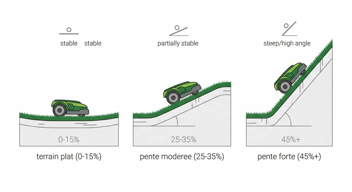 Diagramme technique montrant 3 profils de pente avec robot tondeuse : terrain plat 0-15%, pente moderee 25-35% et pente forte 45%+