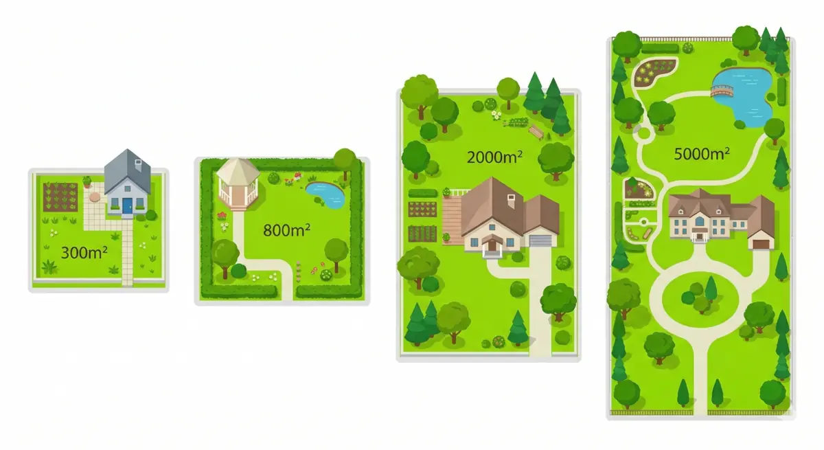 Infographie comparative de 4 tailles de jardin vues du dessus : petit jardin urbain 300m², jardin moyen 800m², grand terrain 2000m² et domaine 5000m²