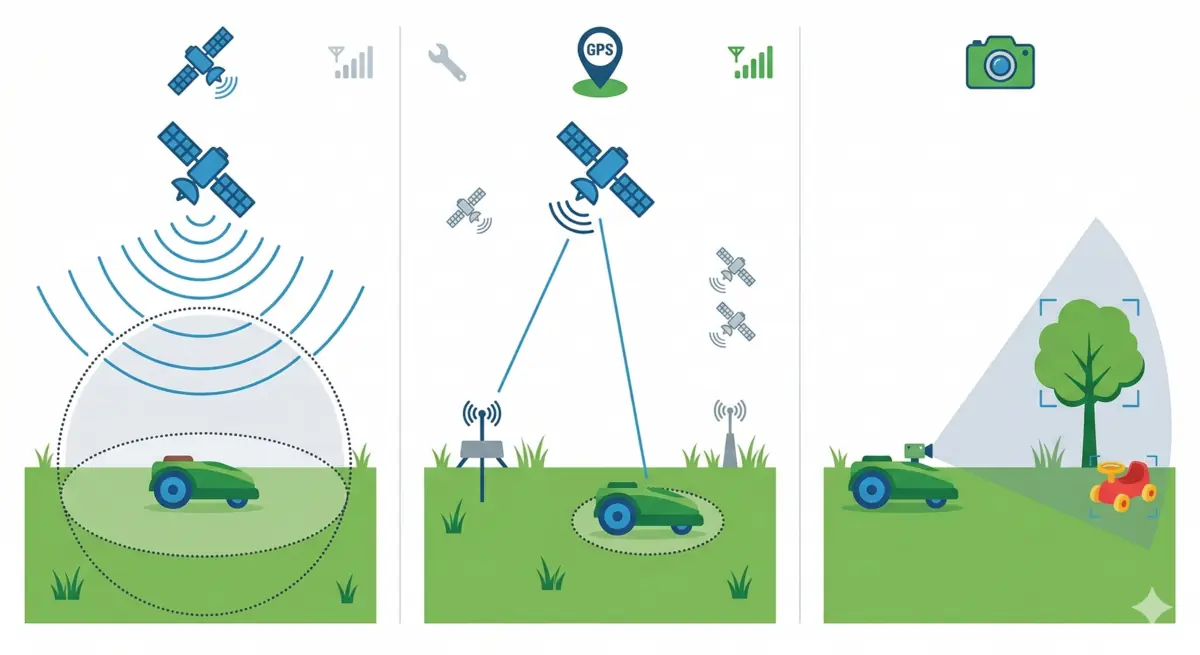 Schema comparatif des 3 technologies de navigation robot tondeuse : GPS classique avec large zone d'imprecision, RTK avec precision centimetrique, et Vision IA avec cone de detection d'obstacles