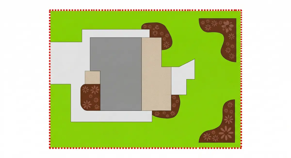 Schema aerien d'un terrain residentiel montrant la difference entre surface totale (contour rouge) et surface de pelouse a tondre (vert vif) en excluant maison, terrasse, allees et massifs
