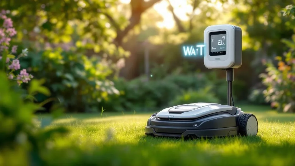 Robot tondeuse sur sa station de charge avec indicateur électrique