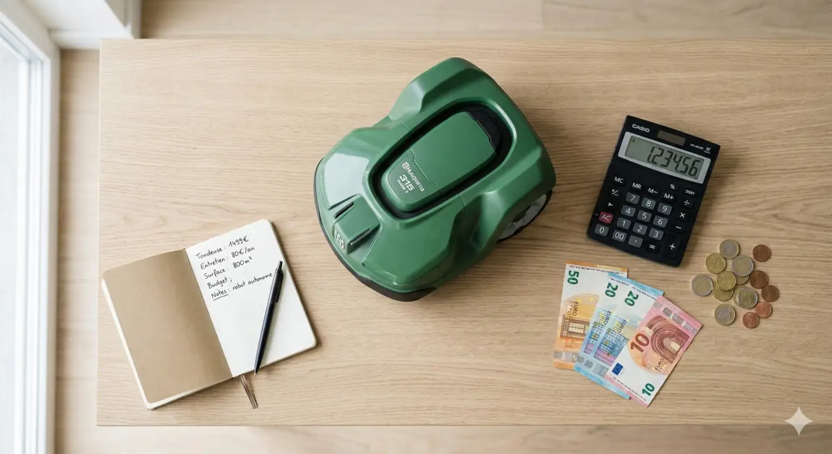 Robot tondeuse vert posé à côté d'une calculatrice et de billets en euros sur surface en bois — coût et budget