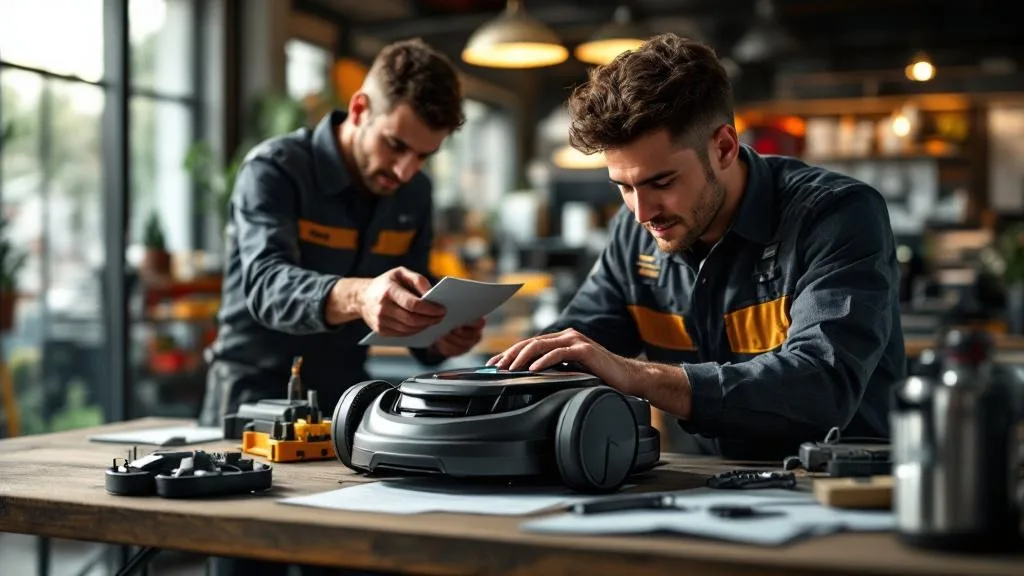 Garantie et SAV robot tondeuse : technicien en atelier avec outils