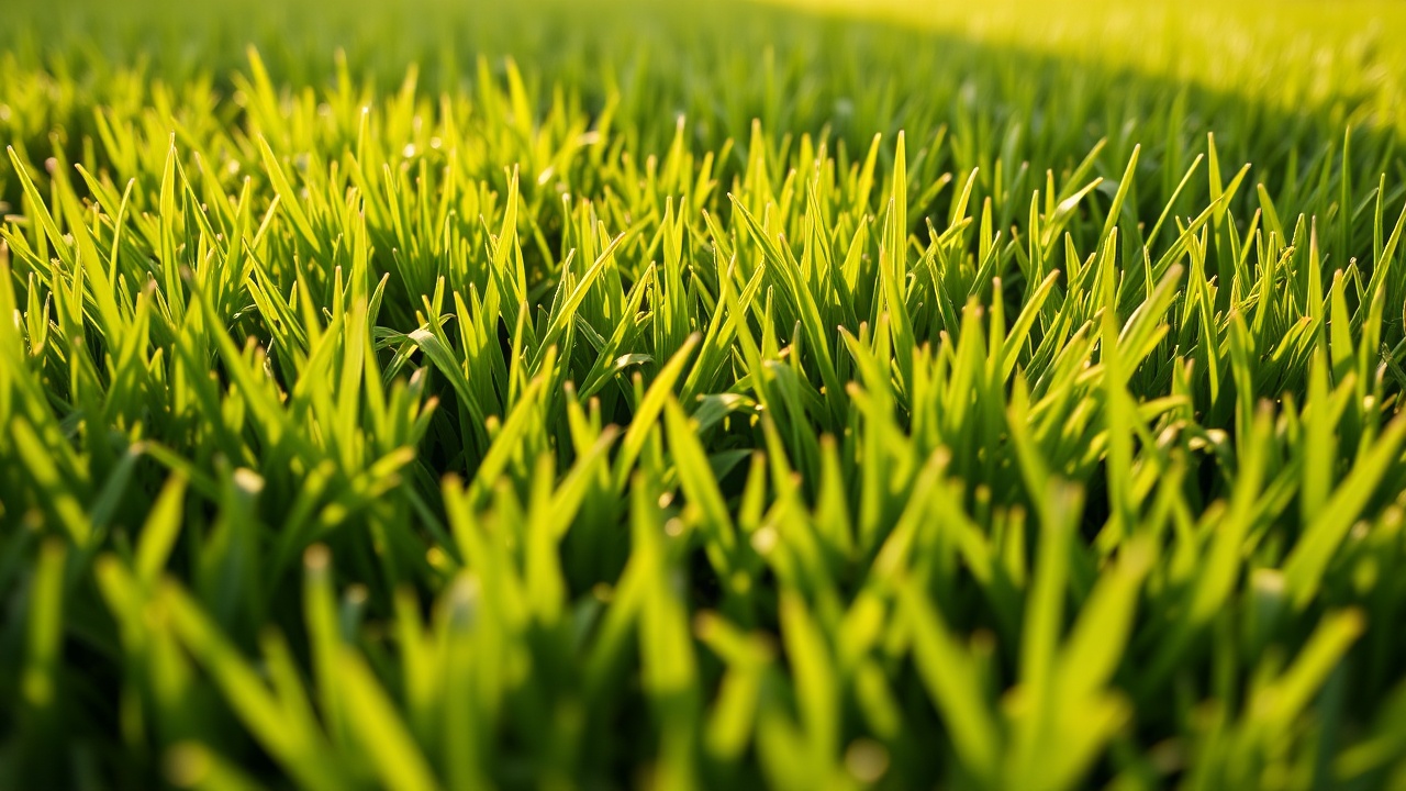 Gazon dense et vert obtenu grâce au mulching régulier d'un robot tondeuse, sans mauvaises herbes visibles