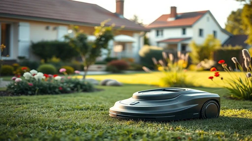 Robot tondeuse dans un jardin résidentiel respectant les horaires de tonte