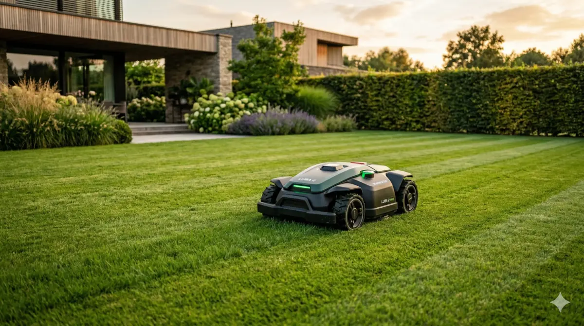 Illustration de la marque Mammotion avec un robot tondeuse LUBA sur pelouse verte et logo Mammotion