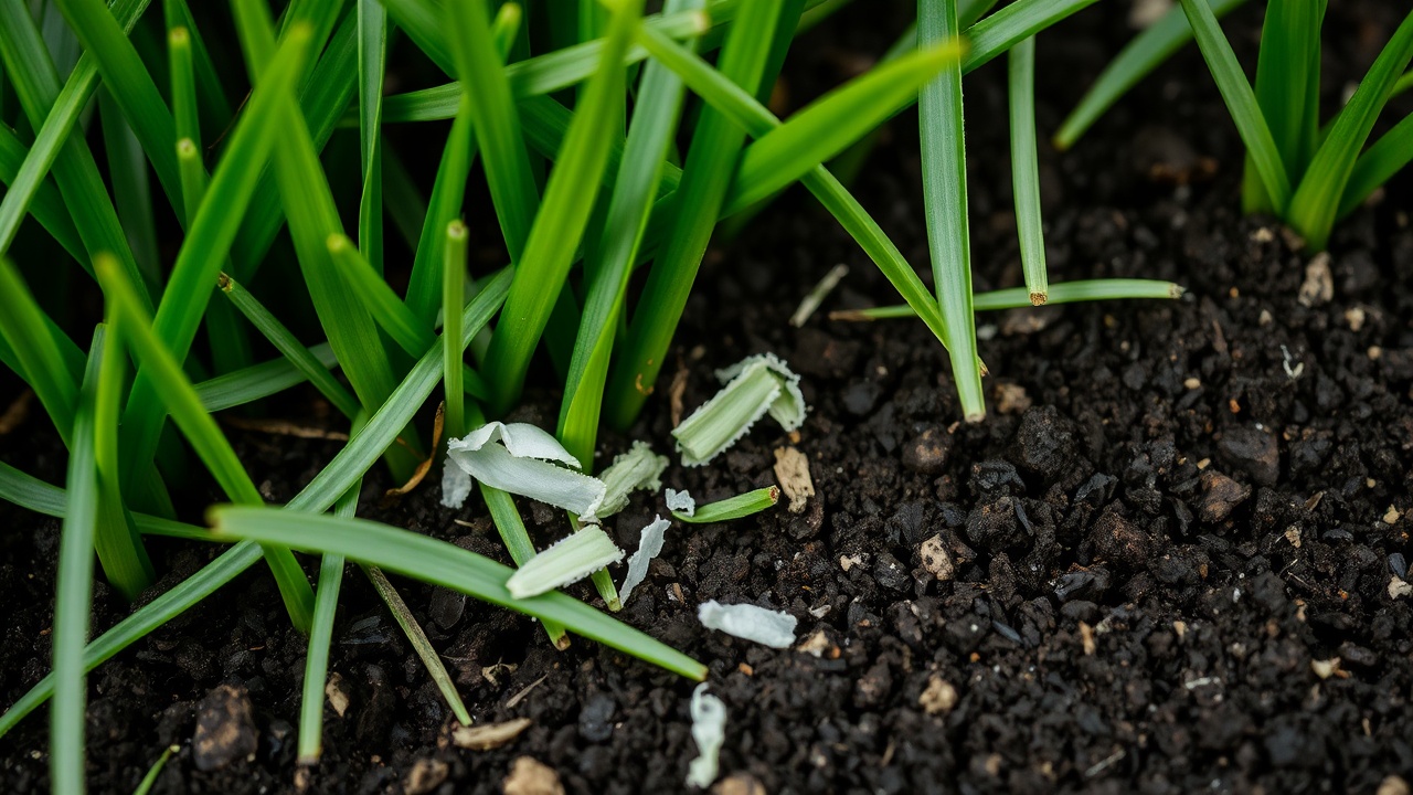Macro de brins d'herbe verte avec micro-résidus de mulching au sol qui se décomposent naturellement