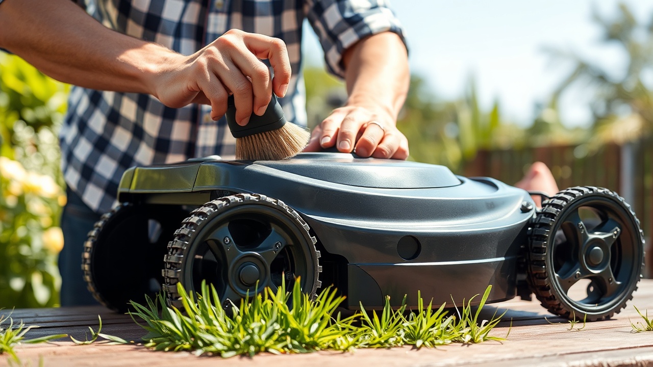 Personne nettoyant les lames d'un robot tondeuse retourné sur une table de jardin
