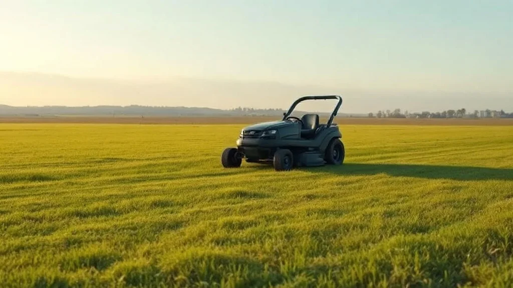 Robot tondeuse sur une vaste pelouse de propriété d'un hectare s'étendant jusqu'à l'horizon