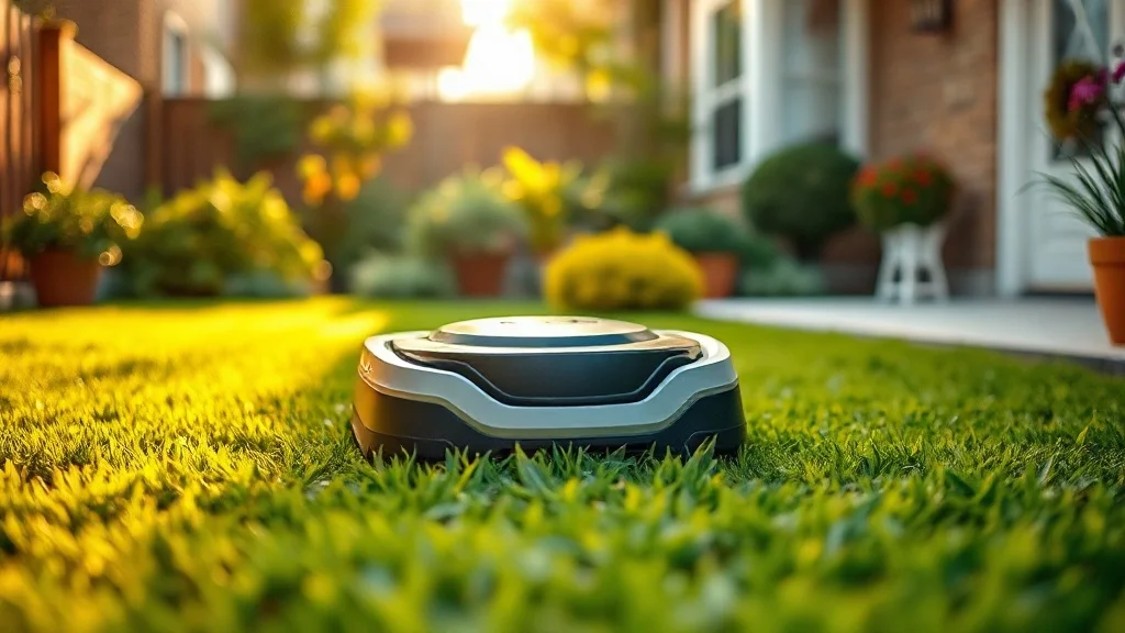 Petit robot tondeuse sur une pelouse de 200 m² dans un jardin de ville