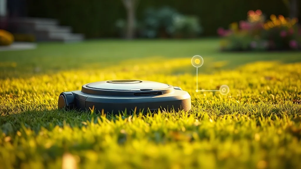 Robot tondeuse équipé de connectivité 4G et GPS dans un jardin