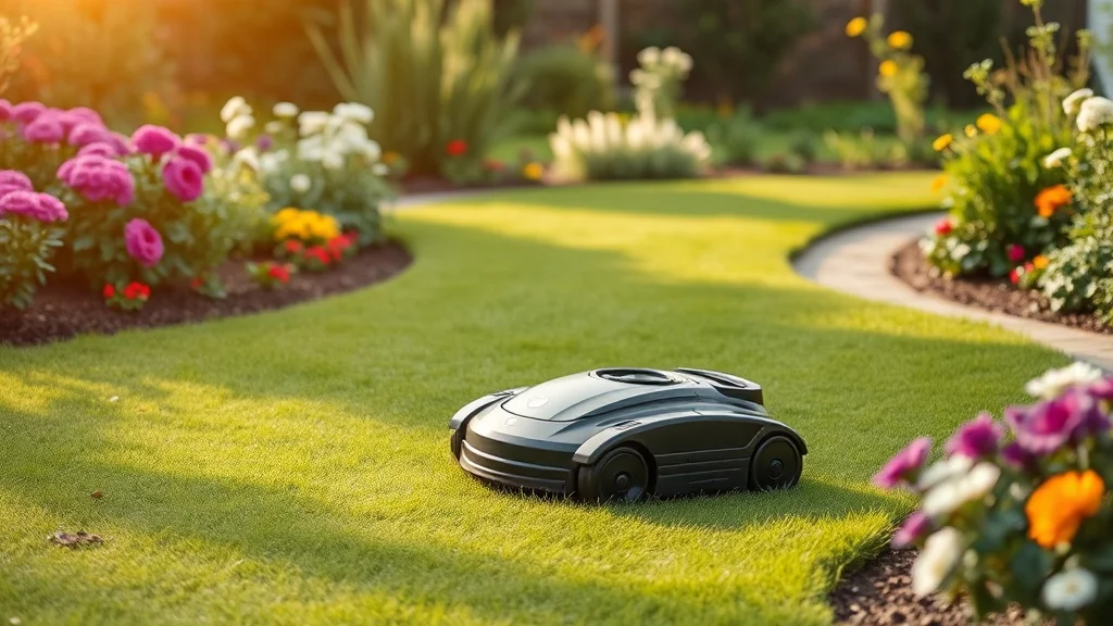Robot tondeuse autonome dans un petit jardin soigné de 500 m²