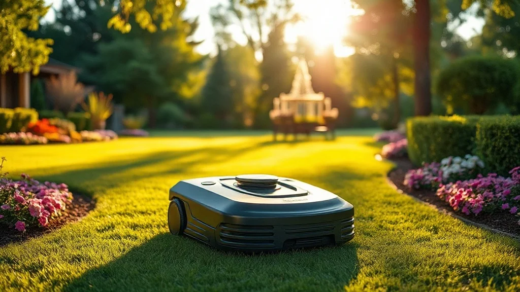 Robot tondeuse sur une pelouse soignée de 800 m² avec massifs et arbres