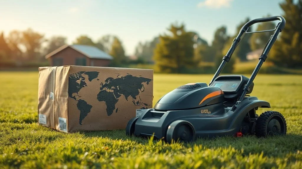 Colis d'importation depuis l'Asie posé à côté d'un robot tondeuse sur une pelouse