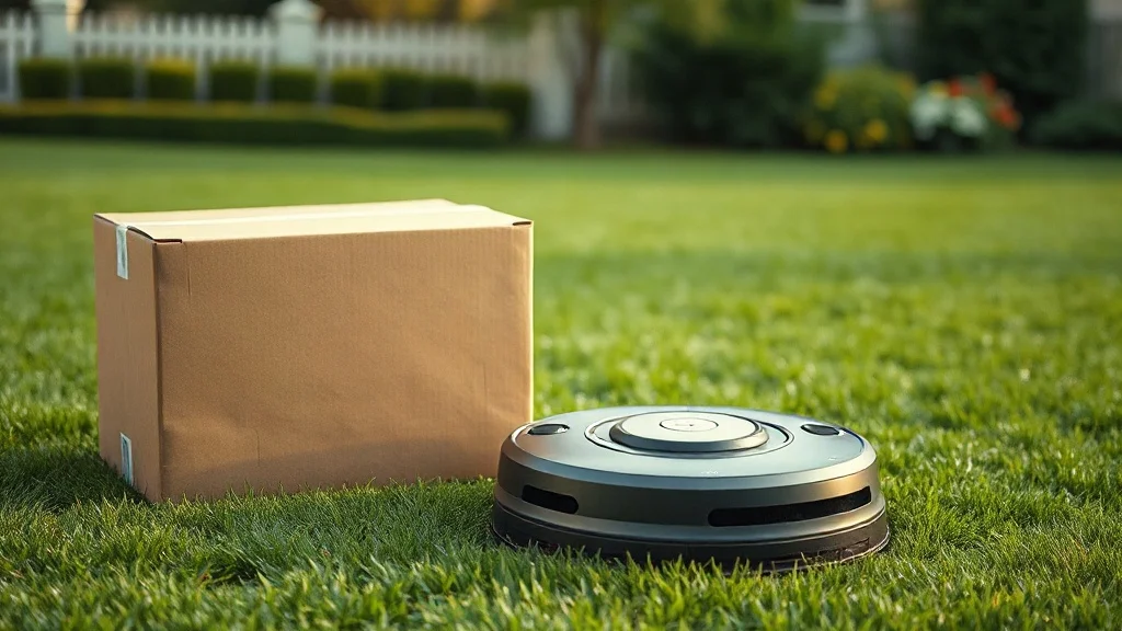 Carton de livraison Amazon posé à côté d'un robot tondeuse sur une pelouse verte