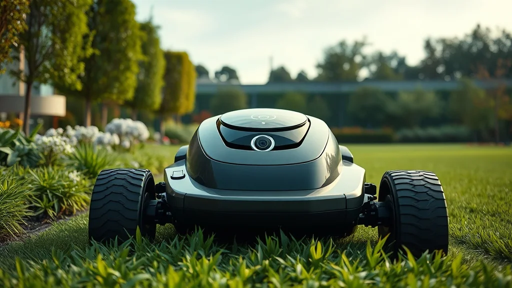 Robot tondeuse Anthbot Genie avec caméras IA dans un jardin moderne
