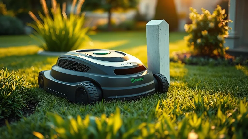 Robot tondeuse détectant un obstacle avec ses capteurs sur une pelouse