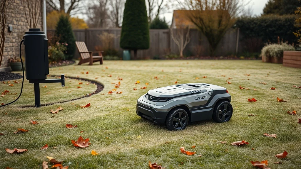 Robot tondeuse sécurisé dans un jardin avec système antivol et application de surveillance