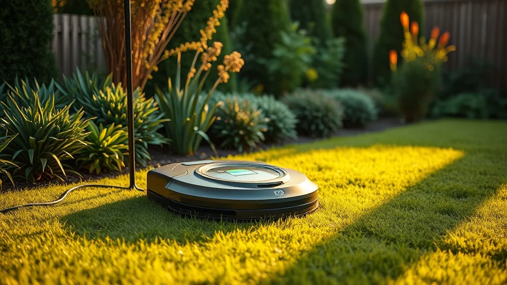 Robot tondeuse protégé contre le vol près de sa station de charge dans un jardin