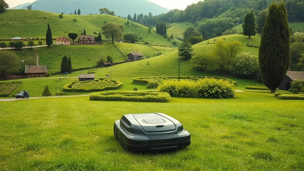 Jardin vallonné et verdoyant du piémont béarnais avec un robot tondeuse, montagnes des Pyrénées en arrière-plan