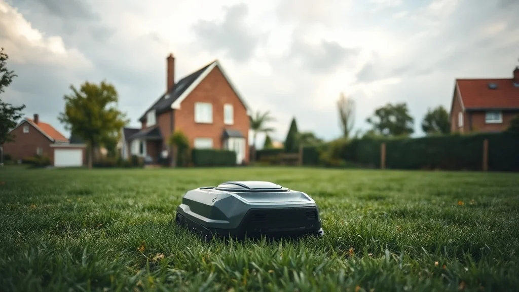 Robot tondeuse au travail dans un jardin verdoyant en Belgique sous un ciel nuageux