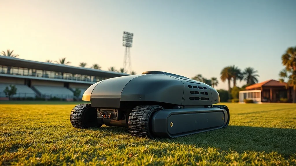 Robot tondeuse professionnel Belrobotics sur un vaste terrain de sport
