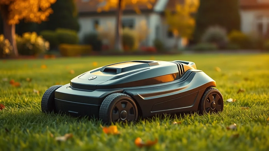 Robot tondeuse en promotion Black Friday dans un jardin automnal