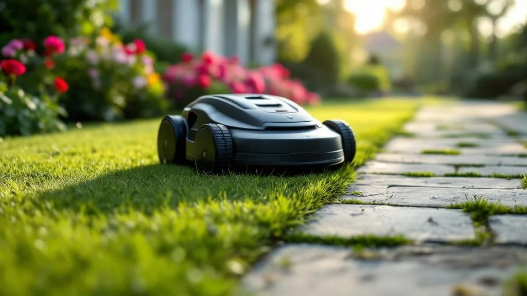 Robot tondeuse qui longe une bordure de pelouse aménagée en pavés