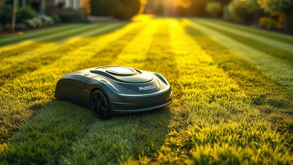 Robot tondeuse Bosch Indego tondant en lignes parallèles sur une pelouse soignée