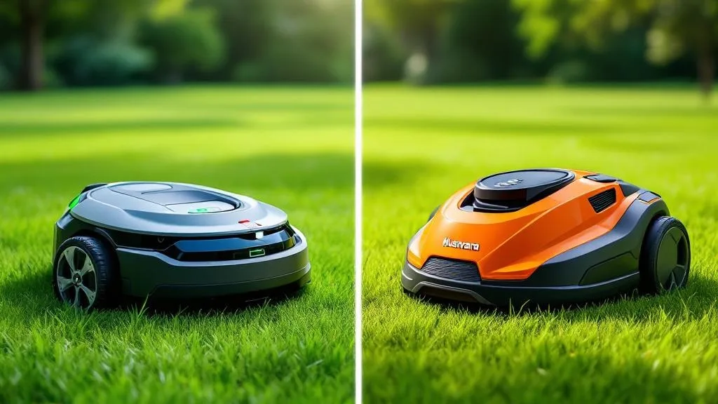 Robots tondeuses chinois et européens côte à côte dans un jardin