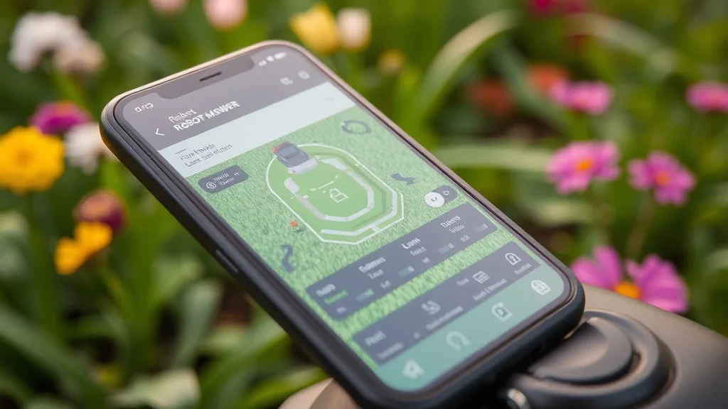 Interface d'application de robot tondeuse sur smartphone avec carte du jardin