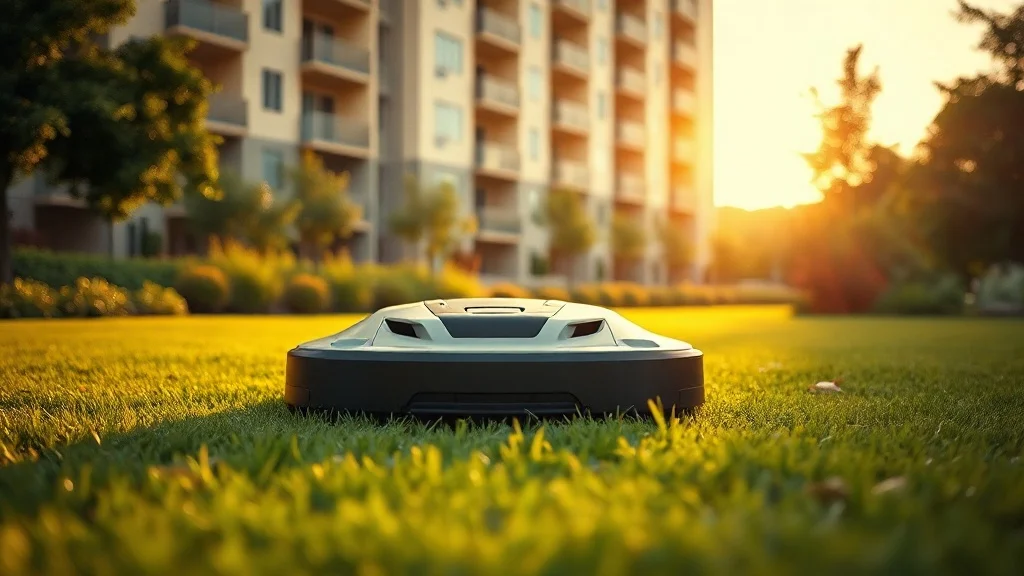 Robot tondeuse entretenant les espaces verts d'une copropriété résidentielle