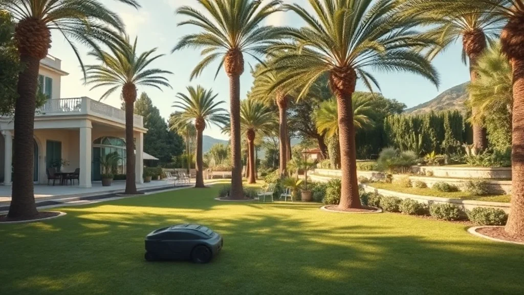 Robot tondeuse dans un jardin de villa méditerranéenne sur la Côte d'Azur, avec palmiers et pelouse en terrasses