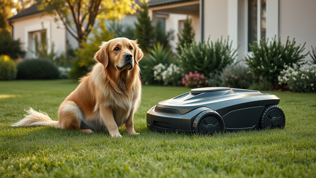 Chien golden retriever assis calmement dans un jardin vert à côté d'un robot tondeuse autonome