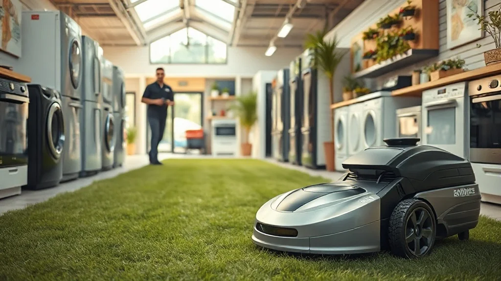 Robot tondeuse présenté dans un magasin Darty avec un vendeur