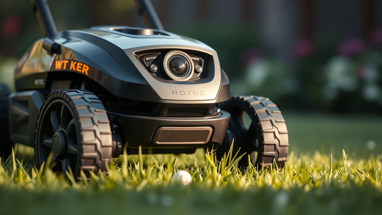 Robot tondeuse avec caméra de détection d'obstacles naviguant sur une pelouse