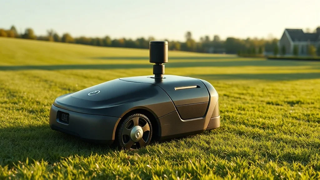 Robot tondeuse Dreame A2 noir avec tourelle LiDAR sur une grande pelouse soignée