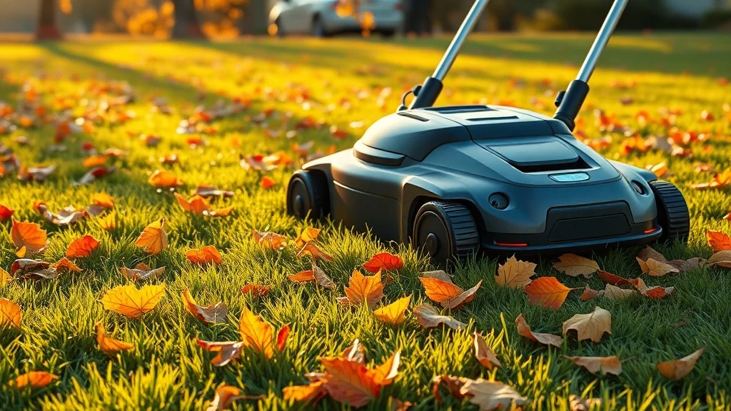 Robot tondeuse autonome naviguant dans les feuilles mortes d'automne sur une pelouse