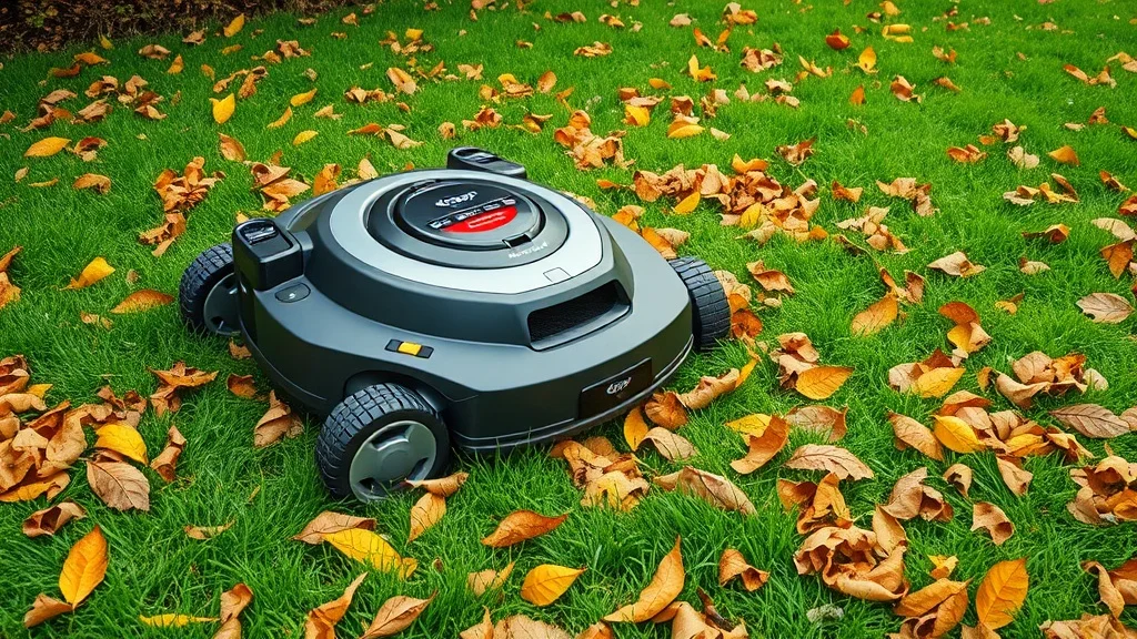Robot tondeuse broyant des feuilles mortes en fine litière sur gazon vert en automne