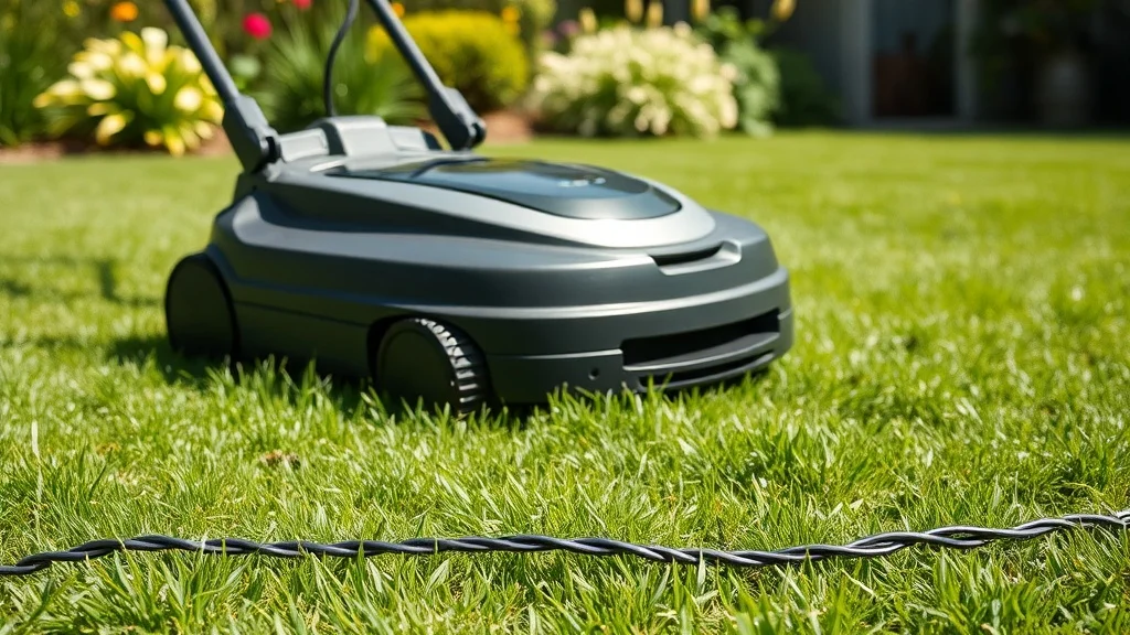 Robot tondeuse arrêté près d'un fil de périmètre coupé sur une pelouse