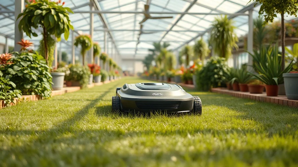 Robot tondeuse dans une jardinerie Gamm Vert entourée de plantes