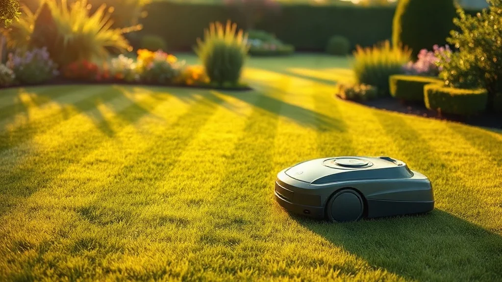 Pelouse parfaite et dense entretenue par un robot tondeuse au lever du soleil